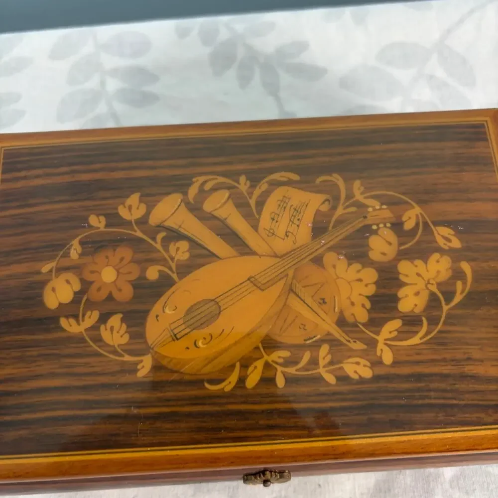 Vintage Italian Style Marquetry Music Box Musical Jewelry Box Isle of Capri